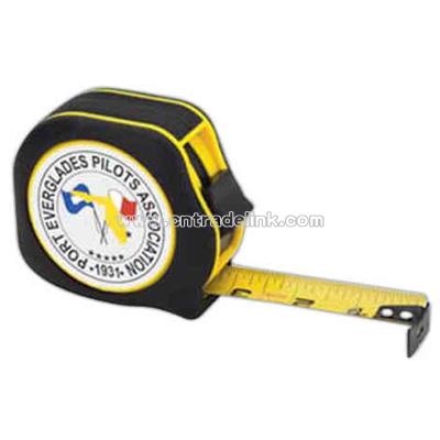Rubber touch tape measure with power lock and belt clip