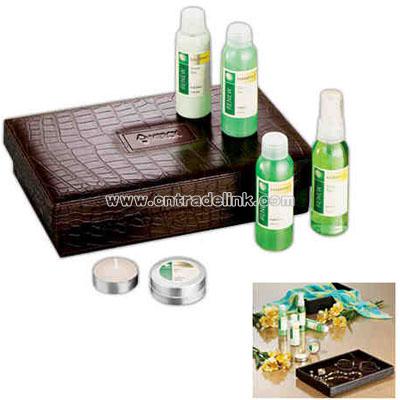Seven piece spa set in a brown two piece UltraHyde valet box