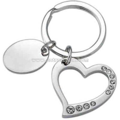 Silver heart key ring with crystals and oval plate