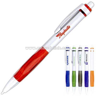 Silver pen with plunger action and translucent colored grip