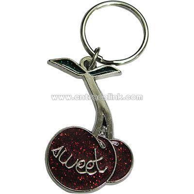 Silvertone Cherries Key Chain with Red and Green Glitter