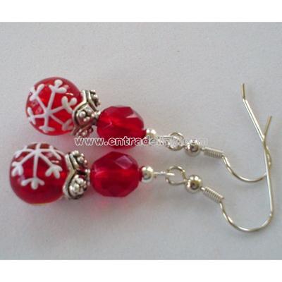 Snowflake Christmas Red Lampwork and Czech Glass Beaded Earrings