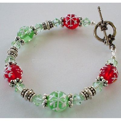 Snowflake Red and Green Lampwork and Swarovski Beaded Bracelet