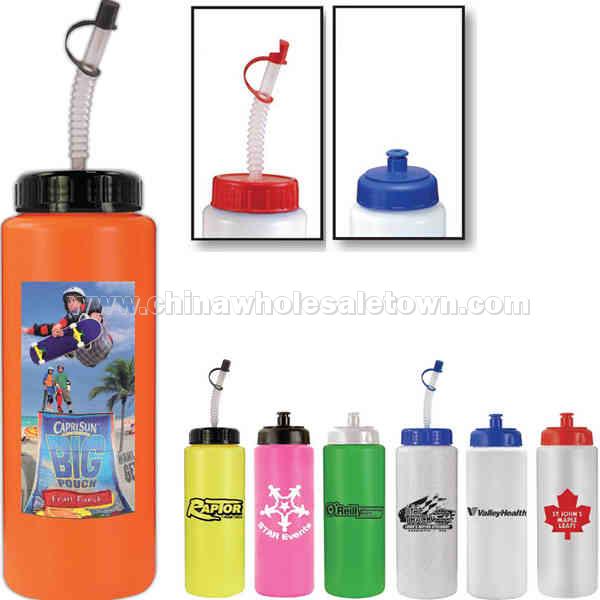 Sports bottle with wide mouth opening and push and pull cap 32 oz