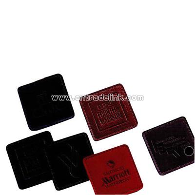 Square business leather coaster with stitched and burnished edges