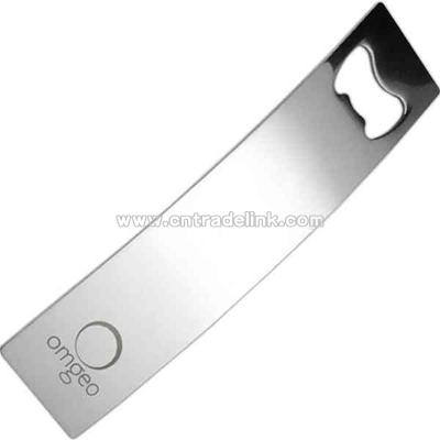 Stainless steel bottle opener with arched design.