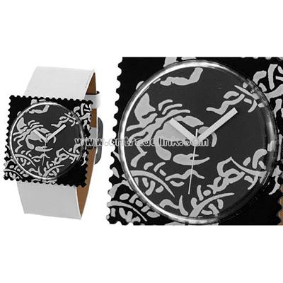 Stamp Face Wide Band Girls' Leisure Watch White Black