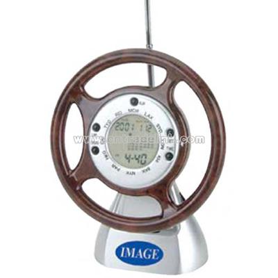 Steering wheel world time clock with FM scan radio