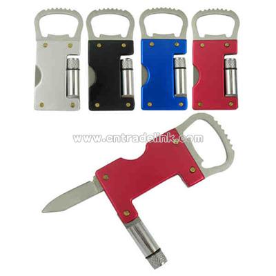 Three function tool with light bottle opener and knife