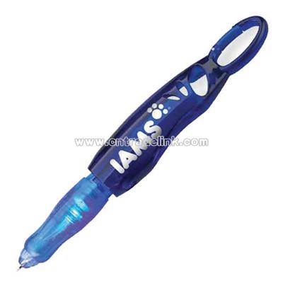 Translucent blue pen with a blue LED light with a Carabiner clip design