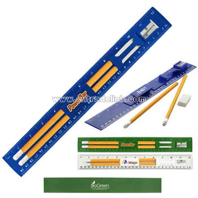 Twelve inch ruler holds 2 pencils and an eraser