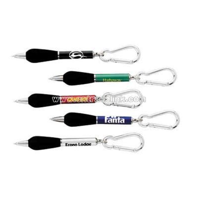 Twist action ball pen and rubber grip with carabiner