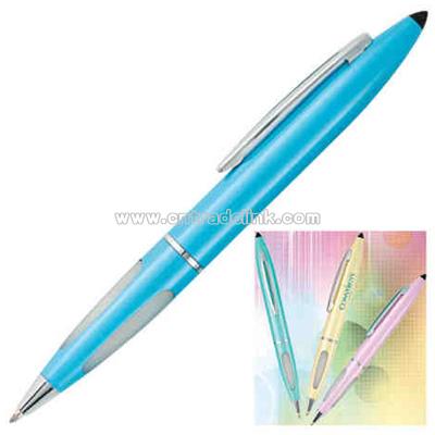 Twist action ball pen with stylus head and rubber grip