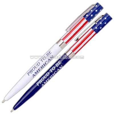 Twist action ballpoint pen with flag motif