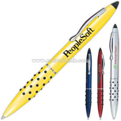 Twist action ballpoint pen with stylus tip
