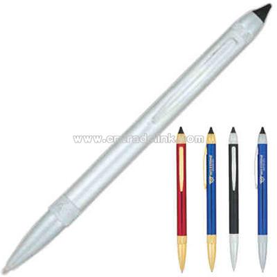 Twist action ballpoint pen with stylus.