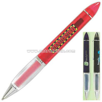Twist action retractable ballpoint pen with built-in stylus and a gripping section