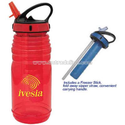 Water bottle with freezer stick and fold away sipper straw