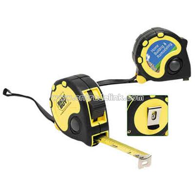 Yellow overseas 16' tape measure with black accents and rubber strip accents.