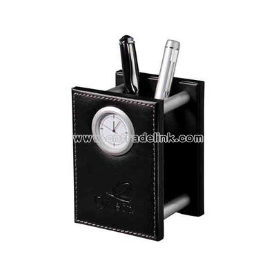 leather pencil cup with clock