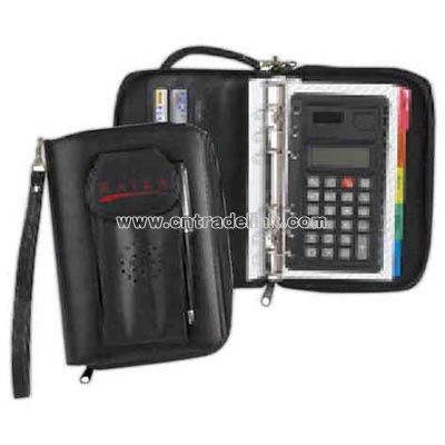 zipper organizer with dual power calculator and business card holder
