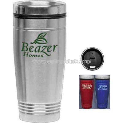 18 oz Stainless steel tumbler with chrome thumb slide lid and black plastic liner