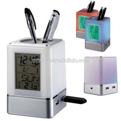 4 Ports USB Hub Pen Holder & Clock
