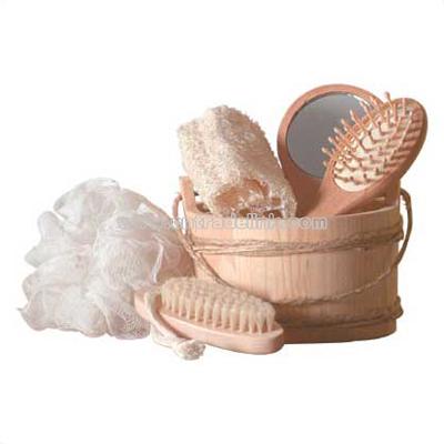 6 PC WOOD BUCKET BATH SET