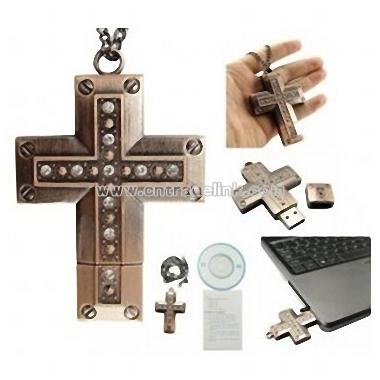 8GB USB Flash Drive Necklace - Elegant Antique Brass Cross