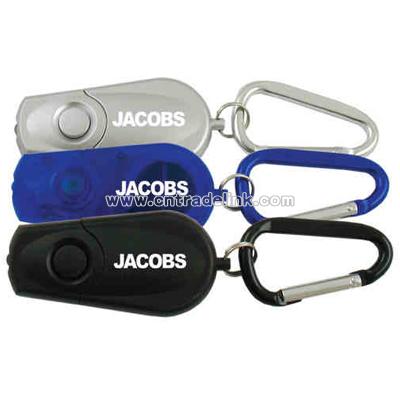 A plastic retractable LED light with a aluminum carabiner