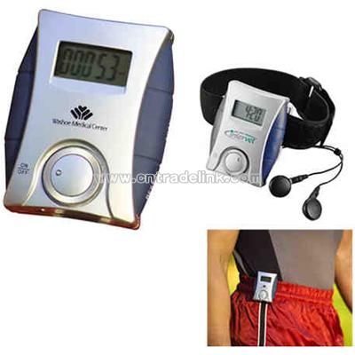 ABS plastic pedometer features a FM scan radio with earbuds and arm band