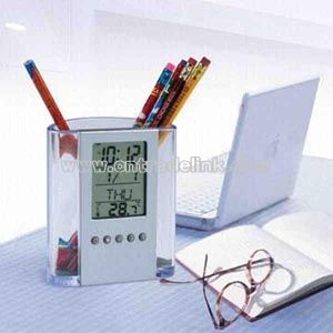 Acrylic pen holder with clock