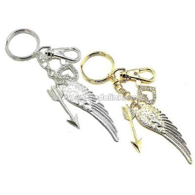 Angel Wing, Crystal Heart and Cupid's Arrow Keychain Purse Charm Silver or Gold