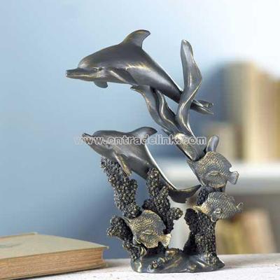 Antiqued Dolphins Wildlife Statue