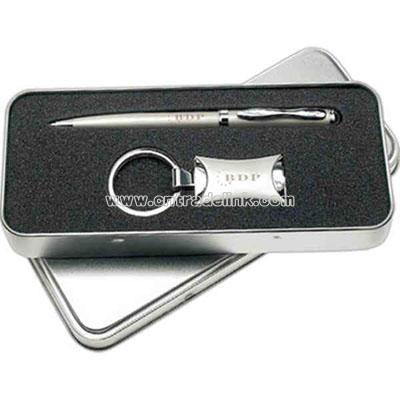 Ballpoint pen and two tone metallic key tag gift set