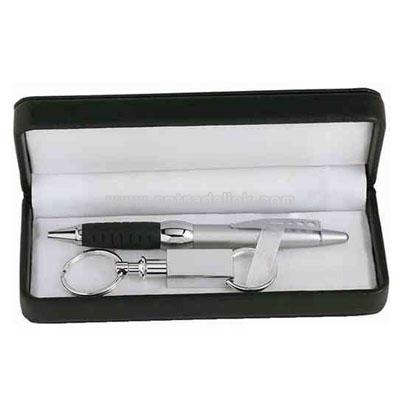 Ballpoint pen and valet silver key holder in gift box