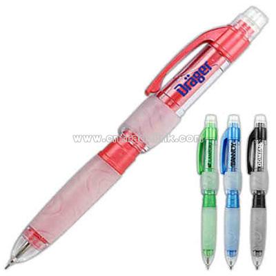 Ballpoint pen with frosted barrel and clear frosted center and grip.