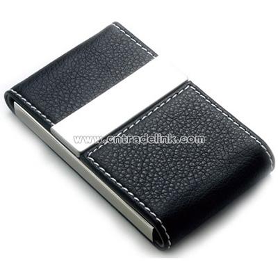 Black Leatherette Business Card Case w/ Double Magnetic Flap