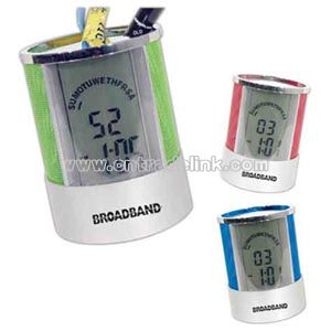 Blue Pen holder with LCD clock