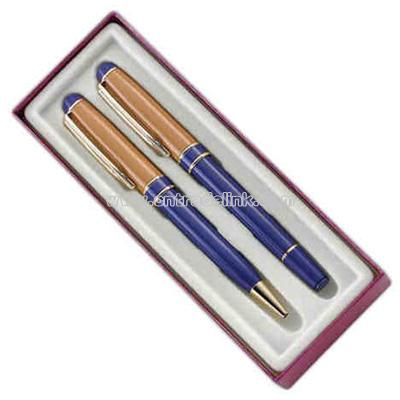 Blue and brown ballpoint and rollerball pen in cardboard box