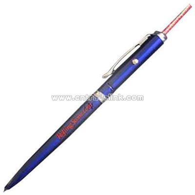 Blue glowing LED light up laser pointer pen.