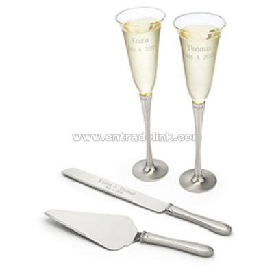 Brushed Rhinestone Flutes and Cake Serving Set