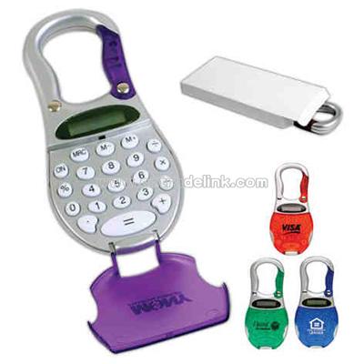 Carabineer calculator with spring loaded carabineer clip and soft rubber keys