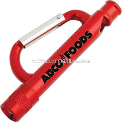 Carabiner flashlight with a white light and whistle