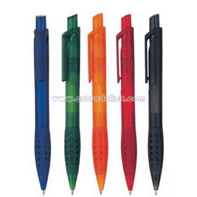 Click action pen with colored barrel and matching grip