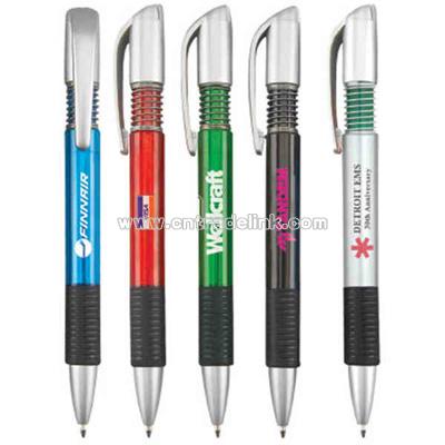 Click action pen with matte silver clip and colored grip.