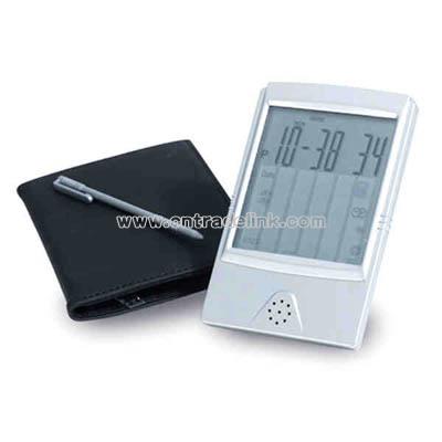 Clock with touch screen, calculator, world time, currency convertor, and stylus