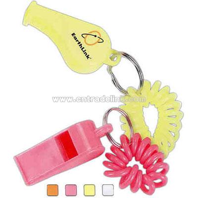 Coil wrist bracelet with plastic whistle.