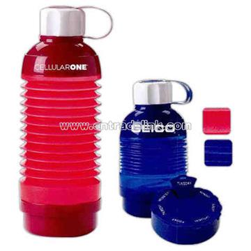 Collapsible water bottle with 7 day child resistant pill box