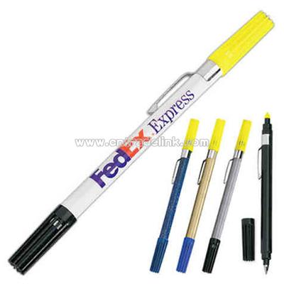 Combination highlighter and ballpoint pen